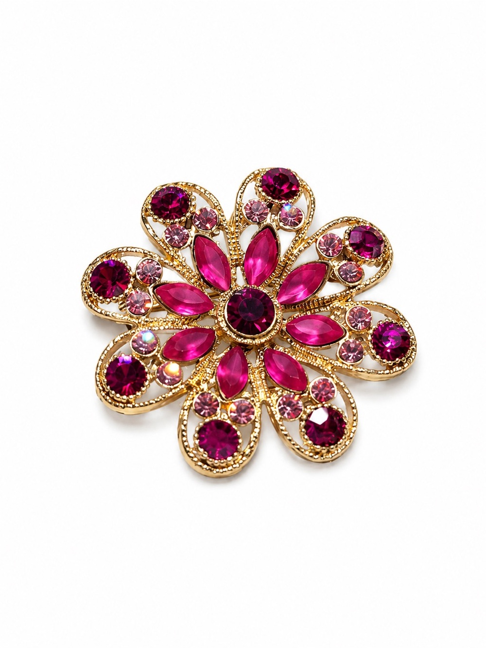 Pink Rhinestone Floral Brooch Gold Tone Statement Pin